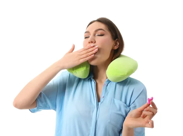 Sleepy Young Woman Travel Pillow Earplugs White Background — Stock Photo, Image