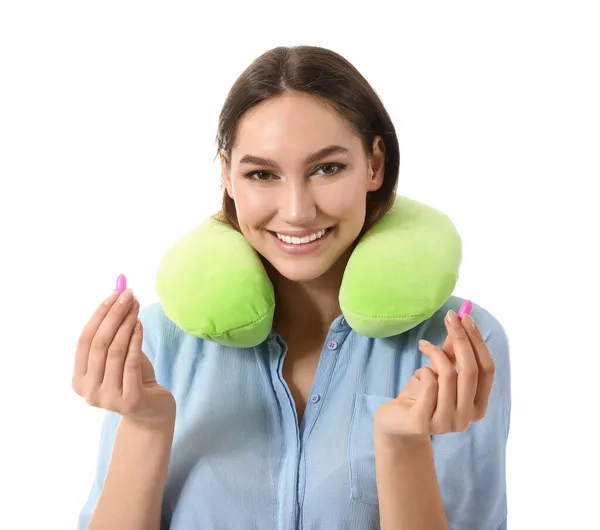 Young Woman Travel Pillow Earplugs White Background — Stock Photo, Image