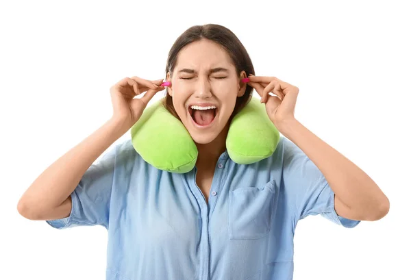 Stressed Young Woman Travel Pillow Earplugs White Background — Stock Photo, Image