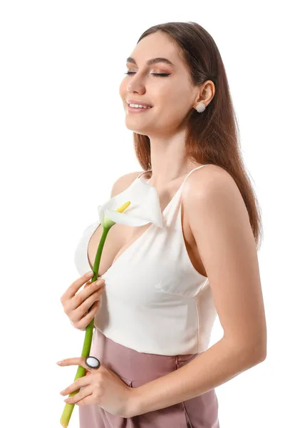 Beautiful Young Woman Calla Flower White Background — Stock Photo, Image