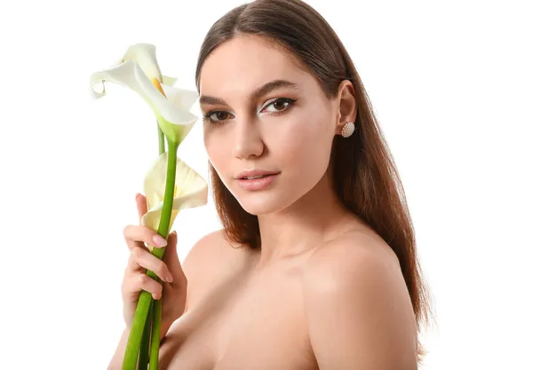 Gyönyörű Meztelen Kála Virágok Fehér Háttér — Stock Fotó