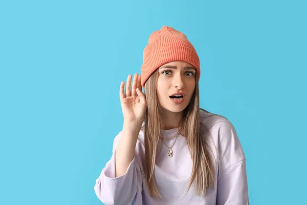 Curious Woman Trying Hear Something Color Background — Stock Photo, Image