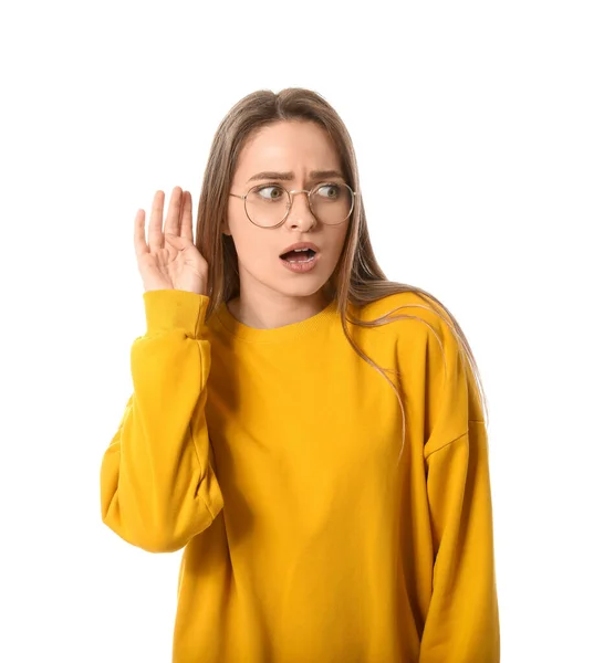 Scioccato Giovane Donna Cercando Sentire Qualcosa Sfondo Bianco — Foto Stock