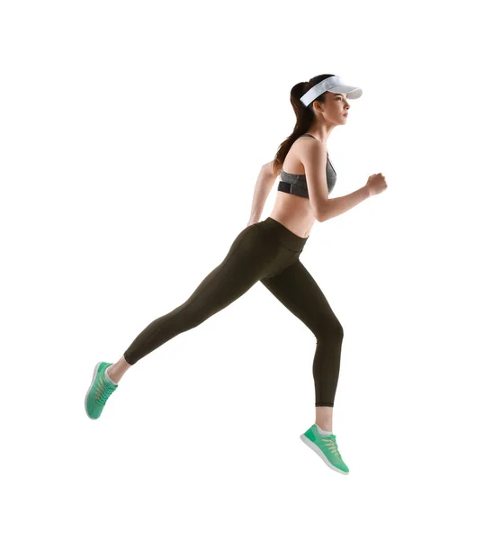 Deportiva Mujer Corriendo Sobre Fondo Blanco — Foto de Stock