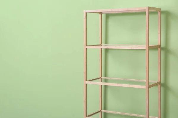 Stylish Wooden Shelf Unit Green Background Closeup — Stock Photo, Image