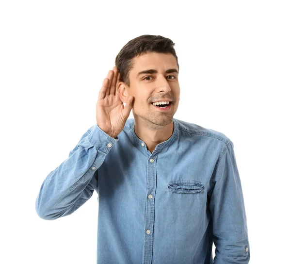 Young Gossip Man Trying Hear Something White Background — Stock Photo, Image