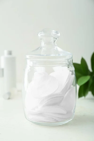 Glass Jar Clean Cotton Pads Light Table — Stock Photo, Image