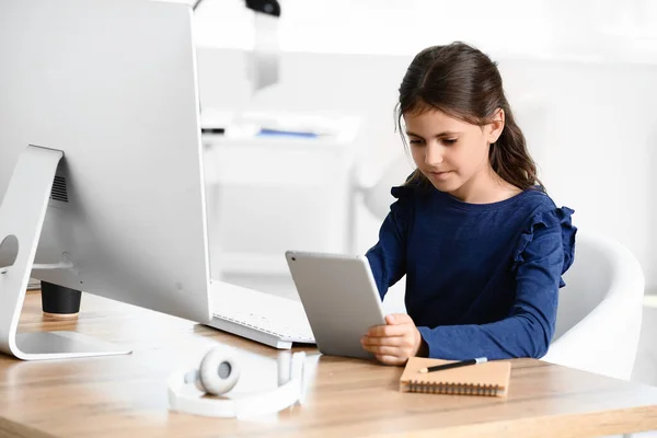 Cute Little Programmer Using Tablet Computer Office — Stock Photo, Image