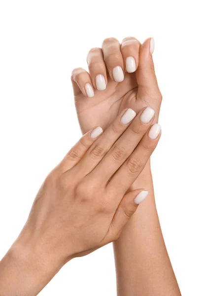 Jovem Com Manicure Moda Fundo Branco Close — Fotografia de Stock