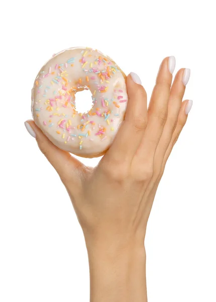Woman Beautiful Manicure Holding Delicious Doughnut White Background — Stock Photo, Image