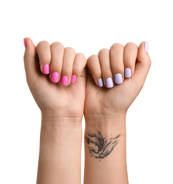 Female Hands Stylish Manicure White Background — Stock Photo, Image