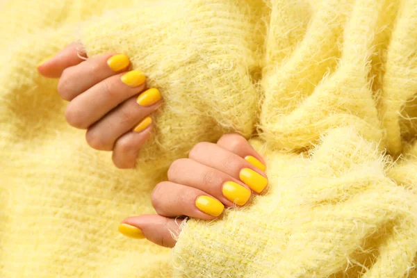 Woman Beautiful Bright Manicure Yellow Fabric Background — Stock Photo, Image