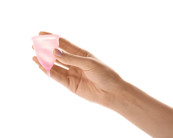 Vrouwelijke Hand Met Menstruatiecup Witte Achtergrond — Stockfoto