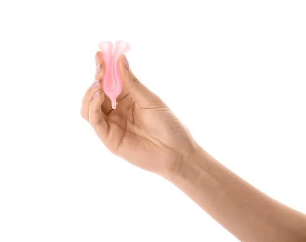 Жіноча Рука Менструальною Чашкою Білому Тлі — стокове фото