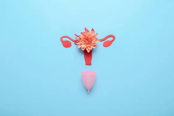 Композиція Менструальною Чашкою Квіткою Кольоровому Фоні — стокове фото