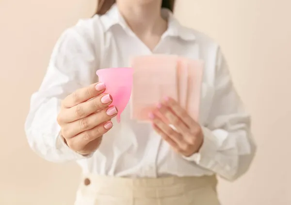 Woman Holding Menstrual Cup Beige Background — Stock Photo, Image