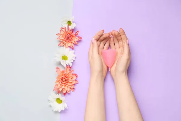 Female Hands Menstrual Cup Flowers Color Background — Stock Photo, Image