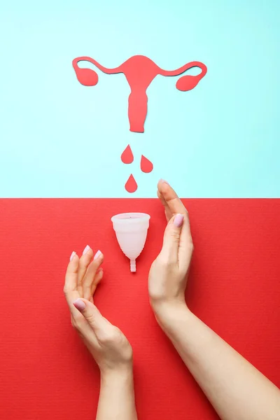 Composition Female Hands Menstrual Cup Color Background — Stock Photo, Image