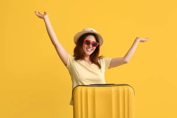 Young Woman Suitcase Color Background — Stock Photo, Image