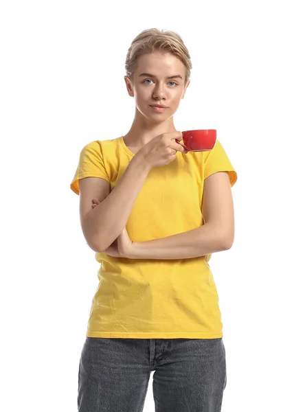Pretty Young Woman Cup Coffee White Background — Stock Photo, Image