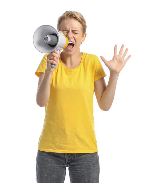 Сердита Молода Жінка Кричить Мегафон Білому Тлі — стокове фото