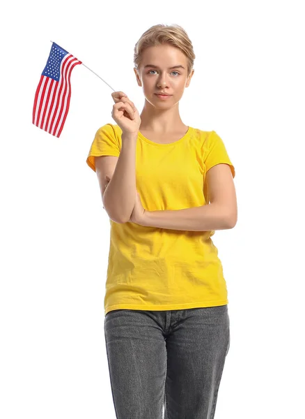 Young Woman Usa Flag White Background — Stock Photo, Image