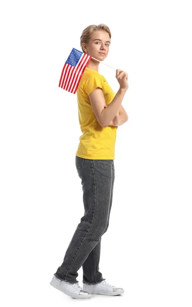 Młoda Kobieta Flagą Usa Białym Tle — Zdjęcie stockowe