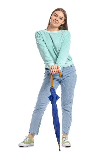 Jonge Vrouw Met Blauwe Paraplu Witte Achtergrond — Stockfoto