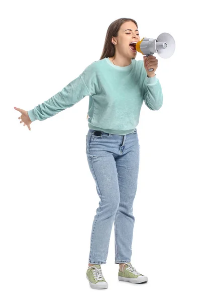 Jovem Mulher Gritando Megafone Fundo Branco — Fotografia de Stock