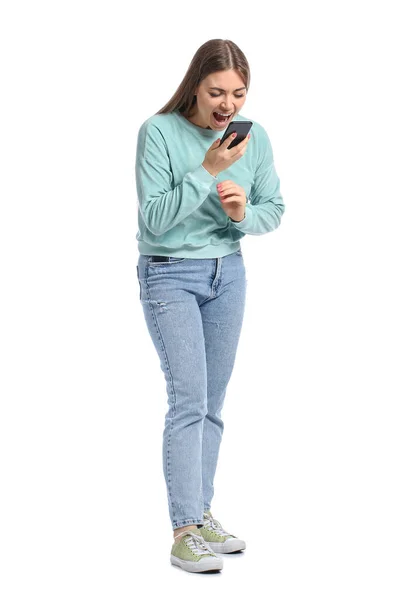 Mujer Joven Enojada Hablando Por Teléfono Móvil Sobre Fondo Blanco —  Fotos de Stock