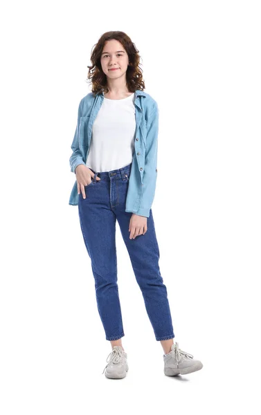 Bella Ragazza Adolescente Jeans Blu Sfondo Bianco — Foto Stock