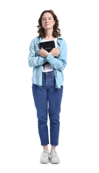 Menina Adolescente Bonita Com Bíblia Sagrada Fundo Branco — Fotografia de Stock
