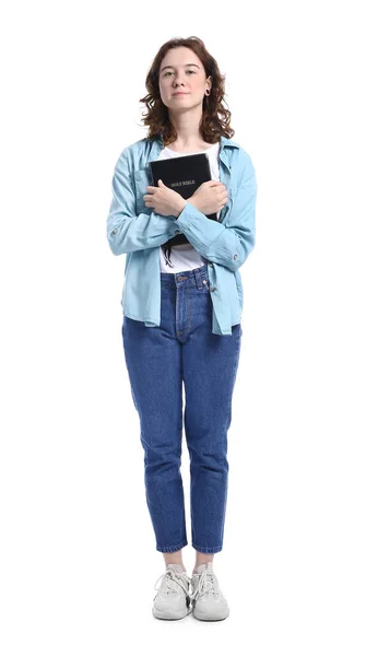 Hübsches Teenager Mädchen Mit Der Heiligen Bibel Auf Weißem Hintergrund — Stockfoto