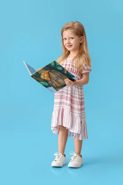 Funny Little Girl Reading Book Blue Background — Stock Photo, Image