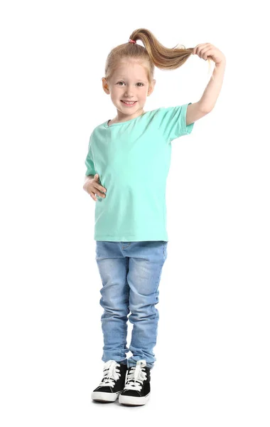 Petite Fille Avec Queue Cheval Shirt Bleu Sur Fond Blanc — Photo