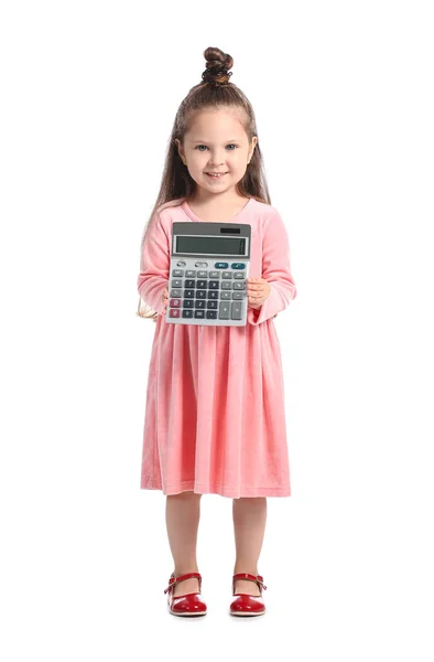 Чарівна Дівчинка Калькулятором Білому Тлі — стокове фото