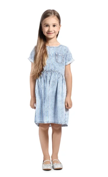 Cute Little Girl Striped Dress White Background — Stock Photo, Image