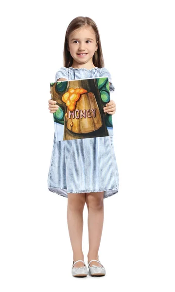 Beyaz Arka Plan Üzerine Kitap Tutan Sevimli Küçük Kız — Stok fotoğraf