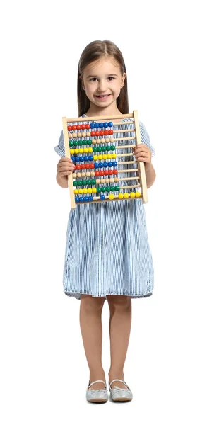 Cute Little Girl Abacus White Background — Stock Photo, Image