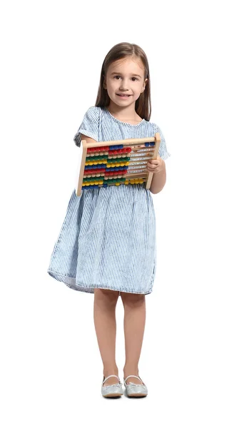 Cute Little Girl Abacus White Background — Stock Photo, Image
