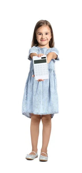 Menina Bonito Com Calculadora Fundo Branco — Fotografia de Stock