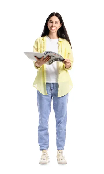 Beautiful Teenage Girl Reading Magazine White Background — Stock Photo, Image