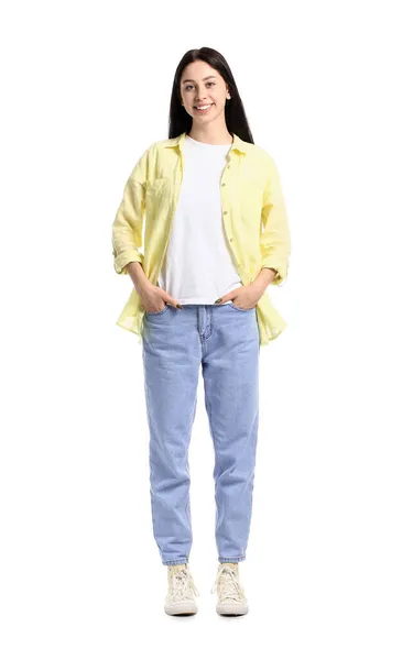 Beyaz Arka Planda Sarı Tişörtlü Güzel Genç Kız — Stok fotoğraf