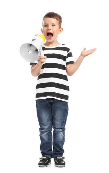 Ładny Mały Chłopiec Krzycząc Megafon Białym Tle — Zdjęcie stockowe