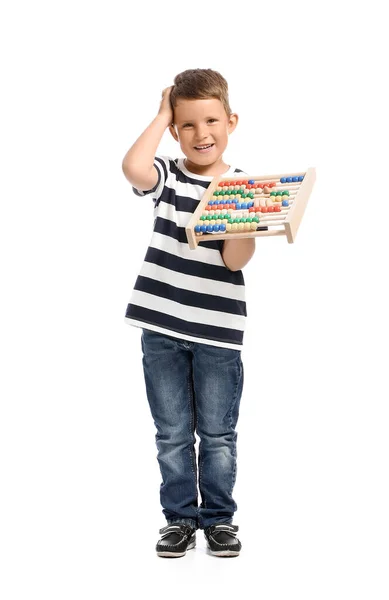 Söt Liten Pojke Med Abacus Vit Bakgrund — Stockfoto