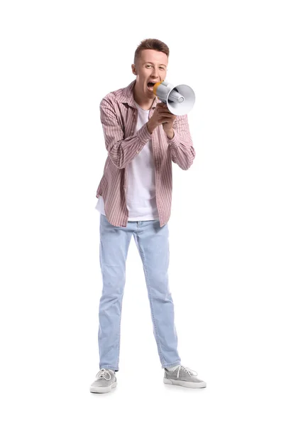 Jovem Gritando Megafone Sobre Fundo Branco — Fotografia de Stock