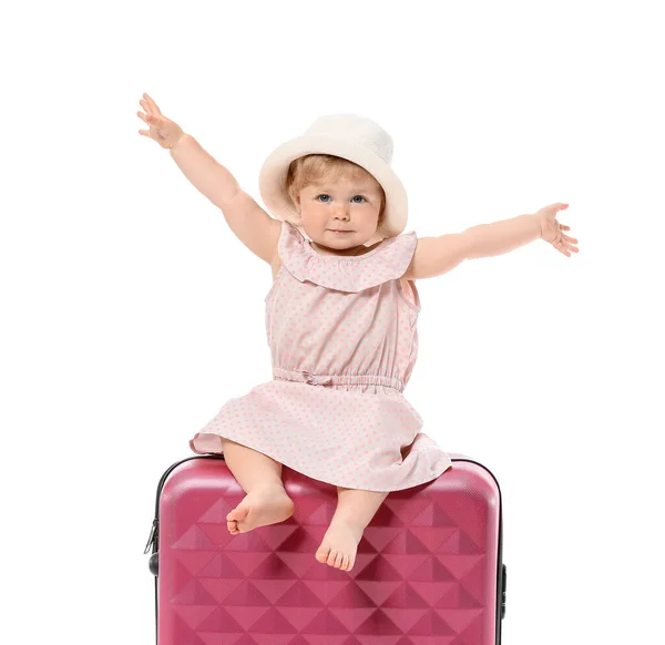 Nettes Baby Mädchen Mit Koffer Auf Weißem Hintergrund — Stockfoto