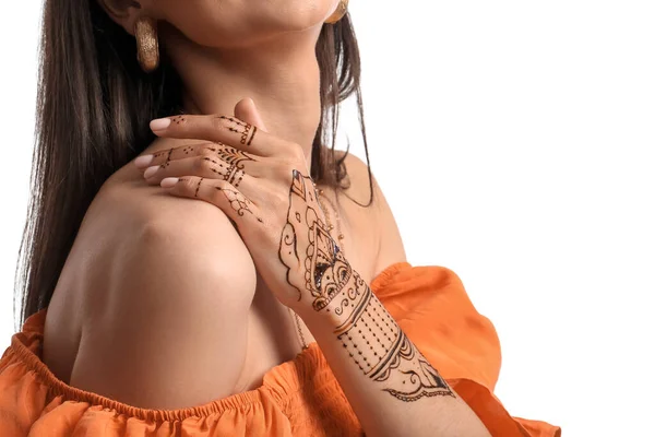 Mooie Indiase Vrouw Met Henna Tatoeage Witte Achtergrond — Stockfoto