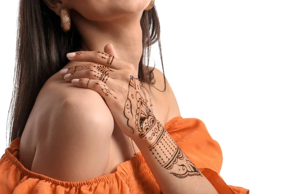 Hermosa Mujer India Con Tatuaje Henna Sobre Fondo Blanco — Foto de Stock