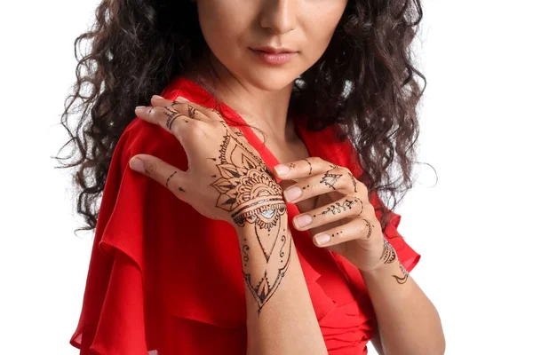 Hermosa Mujer India Con Tatuaje Henna Sobre Fondo Blanco — Foto de Stock